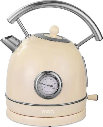 MOA Wasserkocher Retro - 1,8 Liter - Edelstahl - Creme - 2200W - Der MOA Wasserkocher im nostalgischen Design kombiniert Stil und Funktionalität. Mit 2200W Leistung und integriertem Thermometer für perfekte Wassertemperatur. Ideal für Tee und schnelle Zubereitung. BPA-frei und sicher in der Anwendung.