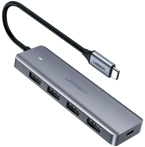 Ugreen USB-C Hub Silber - 4-Port Adapter - Hubs für USB-C mit 4x USB 3.0 Ports, superschnelle Datenübertragung bis zu 5 Gbps und breiter Kompatibilität für alle USB-C Geräte – ideal für mobiles Arbeiten.