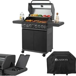 Juskys BBQ Gasgrill Savannah - 4 Brenner & 1 Seitenbrenner - Grills: Vielseitiger BBQ Gasgrill mit 4 Hauptbrennern für präzises Grillen und einem robusten Gusseisen Grillrost für gleichmäßige Wärmeverteilung.