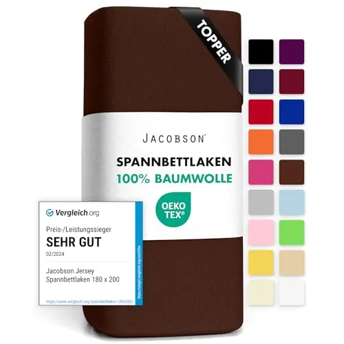Jacobson Jersey Spannbettlaken Spannbetttuch Baumwolle Bettlaken (Topper 140-160x200 cm, Schokobraun)
