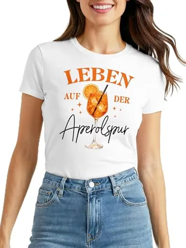 MoonWorks® Damen T-Shirt Spruch - Aperolspur - Kostümidee Mädelsabend JGA Mottoparty Fasching Karneval After Work Party Weiss S