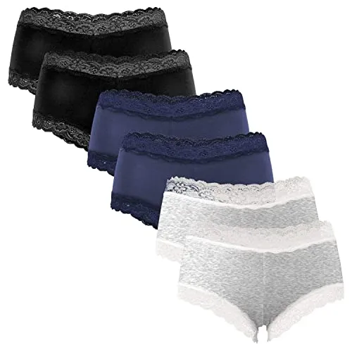 Fabio Farini - 6 Stück Damen Hipster Baumwoll Unterhosen Frauen Höschen Slips Panties Unterwäsche Spitze Sets Pack - Hotpants Brazilian mehrpack 2X Schwarz/2x Blau/2x Grau Melange 40