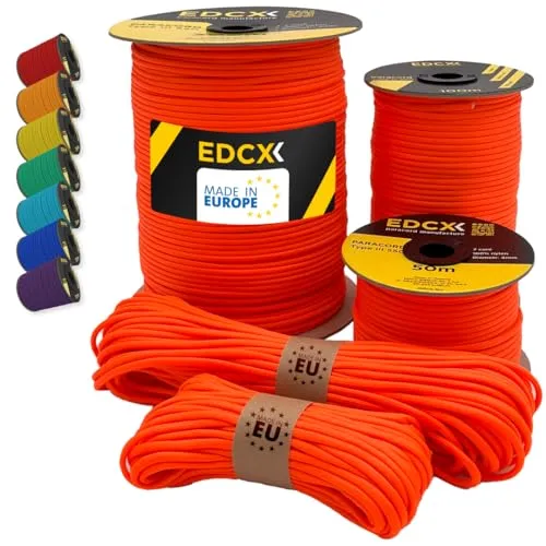 EdcX Paracord 550 Typ III 4 mm – 7 Kern-Strängen, 100% Nylon, reißfest bis 250 kg – 35+ Farben (10/15/30/50/100/300 m) – Survival-Seil, Fallschirmschnur, Armband | Made in EU (Sofit Orange, 50 m)