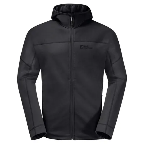 Jack Wolfskin Hirschberg Hooded FZ M 1710881-6000, Fleecejacke für Herren, Schwarz - Die Jack Wolfskin Hirschberg Hooded Fleecejacke überzeugt durch ihr leichtes, elastisches Material und hohen Tragekomfort. Ideal für Outdoor-Aktivitäten, schützt sie Kopf und Hals und bietet Platz für deine Essentials in den Seitentaschen.