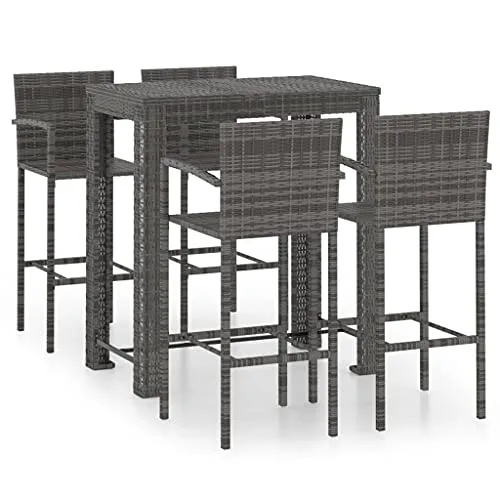 vidaXL 5-tlg. Garten-Bar-Set mit Armlehnen Poly Rattan Grau - Gartenmöbel-Set aus robustem PE-Rattan mit pulverbeschichtetem Stahlgestell, ideal für entspannte Stunden mit Familie und Freunden im Freien.