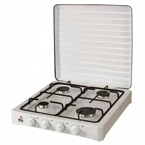 Grupo FM HG400 4F Gasherdplatte - Weiß - Praktische Gasherdplatte für die Arbeitsplatte mit 4 emaillierten Kochzonen. Ideal für eine moderne Küche, bietet sie effizientes Kochen und einfache Handhabung durch drehbare Steuerung.