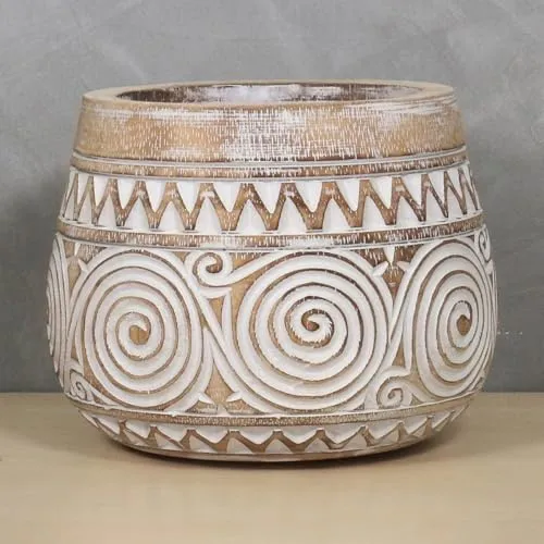 Oriental Galerie Vase Topf Kübel Blumen Pflanzen Holz Deko Holzkübel Unikat Weiß Whitewash 20 cm Ø