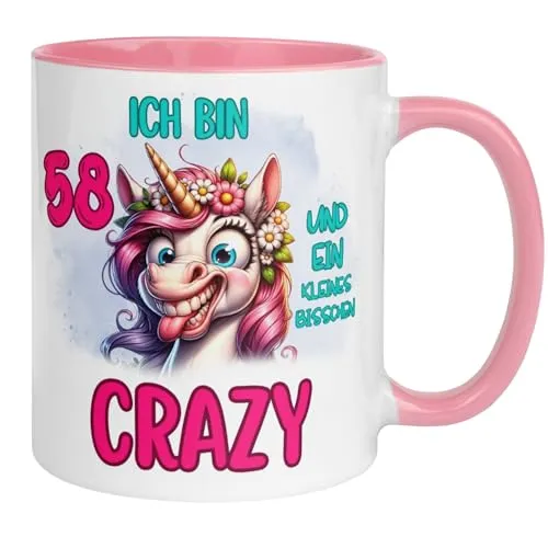 Geburtstag Frauen Geschenk Tasse | Ich bin 58 und ein kleines bisschen crazy | Lustige Geschenk Geburtstagstasse mit Spruch 58. Geburtstag | 58ter Geburtstag - Witziges Geburtstagsgeschenk Frau 58