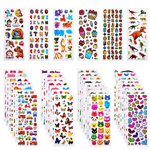 Habett 3D Aufkleber für Kinder & Kleinkinder, 920+ Geschwollen Stickers, Niedliche Verschiedene Set Buchstab en, Tier, Obst, Zahlen, Schmetterlinge, Einhorn, Dinosaurier und vieles mehr (36 Bogen)