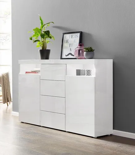 Borchardt Möbel Highboard Kapstadt 139 cm in Weiß - Kommode mit eleganter Hochglanz-Oberfläche, bietet viel Stauraum und moderne Push-To-Open-Funktion, ideal für kleine Räume.