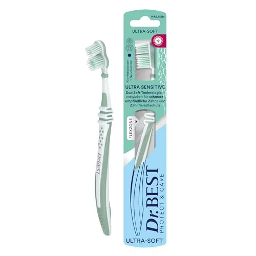 Dr.BEST Ultra Sensitive Zahnbürste, Ultra-Soft (1 Stück) - Innovative DualSoft Technologie für sanfte Reinigung, ideal für schmerzempfindliche Zähne. Mit flexiblen Borsten für eine präzise und schonende Pflege von Zahn und Zahnfleisch.