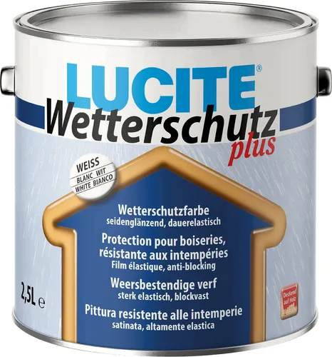 LUCITE® Wetterschutz plus 2,5 Liter - Fassadenfarben, wetterbeständiger, seidenglänzender Schutzanstrich für Holz und Metall, ideal für langlebigen Schutz im Innen- und Außenbereich.