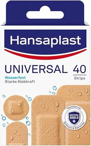 Hansaplast Universal Pflaster (40 Strips) - Wasser- und schmutzabweisende Pflaster mit starker Klebkraft für zuverlässigen Schutz kleinerer Wunden. Flexibel einsetzbar in 4 Größen, 100 % latexfrei.