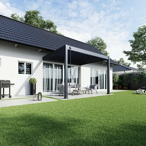 Weide Deluxe Wandpergola 3x3,6 m - Wetterfeste Aluminium-Terrassenüberdachung mit Lamellendach - Pavillon aus Aluminium mit stufenlos neigbaren Lamellen für optimalen Sonnenschutz und Belüftung. Ideal für Terrassen und Balkone, robust und pflegeleicht.