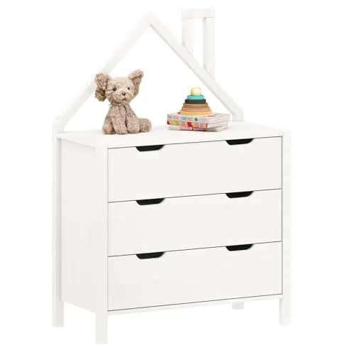 IDIMEX Kommode ELANO - Kreative Kinderkommode aus Kiefernholz - Schubladenkommode für das Kinderzimmer mit 3 großen Schubladen und dekorativen Holzelementen in Haus-Form. Stabil und ästhetisch, ideal für Spielzeug und Kleidung.