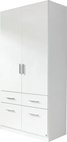 Kleiderschrank 3121 Celle - Moderner Drehtürenschrank in Weiß Hochglanz - Kleiderschrank in modernem Design, 2 Türen, inklusive Schubfächern und Kleiderstange. Ideal für stilvolle Schlafzimmer mit begrenztem Platz.