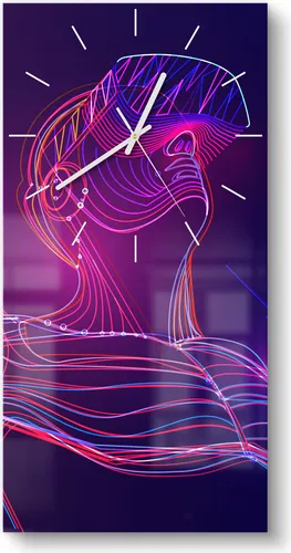 DEQORI Glasuhr 30x60 cm Modern 'Mann mit VR-Brille' Wanduhr Glas Uhr Design leise