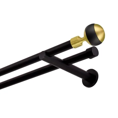 Gardinenstange 240 cm 2-läufig schwarz-gold - hochwertige Vorhangstange - Einzelfensterstangen aus robustem Metall, ideal für individuelle Größenanpassung durch kostenlose Kürzung. Perfekt für ein- und zweiläufige Vorhänge in jedem Raum.