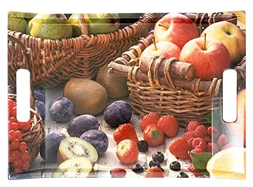 Lashuma Getränketablett bunt, Serviertablett klein 38x27 cm mit Obst-Motiv - Praktisches und stilvolles Küchentablett aus Melamin, ideal für den täglichen Einsatz. Mit seinen Griffen und dem fruchtigen Design ist es perfekt zum Servieren von Speisen und Getränken.