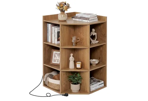 COSTWAY 3-stöckiges Eck-Bücherregal mit Ladestation - Praktisches Eckregal mit 9 Fächern und integrierter Ladestation, ideal für Bücher und Spielzeug. Mit 4 Steckdosen und 2 USB-Anschlüssen für bequemes Laden. Passt perfekt in jede Ecke und maximiert den Stauraum.