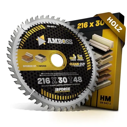 Amboss Kreissägeblatt HM 216 mm - 48 Zähne für präzise Schnitte - Kreissägeblätter für Akku-Kreissägen, optimiert für edelholzschonende Schnitte mit geringem Verschnitt und längerer Akkulaufzeit.