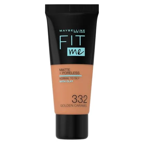 Maybelline Fit me! MATTE&PORELESS Make-up Nr. 332 Golden Caramel, flüssiges Make-up, passt sich dem Hautton an, feuchtigkeitsspendend, mattierend, leichte bis mittlere Deckkraft, 30 ml