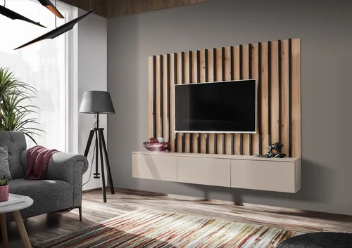 ASM-Möbel Wohnwand VERTI II mit Push-Click System - Moderne Wohnwand in Beige mit elegantem Lamellen-Design. Einfache Selbstmontage und 2 Jahre Herstellergarantie für sorgenfreies Wohnen.