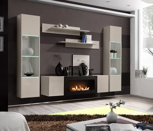 ASM-Moebel Wohnwand FLY M3 CC mit Bio Ethanol Kamin - Moderne Wohnwand mit Bio-Ethanol Kamin und LED-Beleuchtung, ideal für stilvolle Wohnzimmergestaltung. Einfach zu montieren mit praktischem Push-Click System.