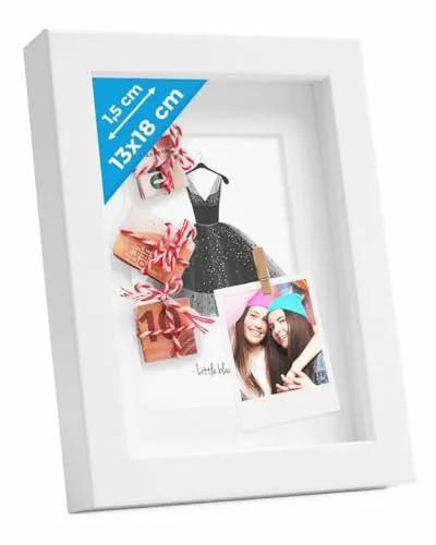 PHOTOLINI 3D Bilderrahmen zum Befüllen 13x18 Weiß, 1,5 cm tiefer Objektrahmen mit Glas, tiefer Bilderrahmen 13x18 Holz MDF mit Passepartout, dicker 3D Rahmen befüllbar für Gegenstände Geschenk