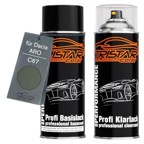 TRISTARcolor Autolack Spraydosen Set für Dacia/ARO C67 Gris Olive Nacre Metallic/Thymian Grün Perl Basislack Klarlack Sprühdose 400ml