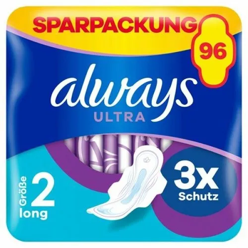 Always Ultra Binden Damen Gr. 2, Long, 96 Stück, ultradünn und super absorbierend - 3x Schutz für ein frisches Gefühl während der Periode. Mit innovativer Technologie für sofortige Saugfähigkeit und optimalen Halt. Ideal für jeden Tag – für ein sicheres und angenehmes Tragegefühl.