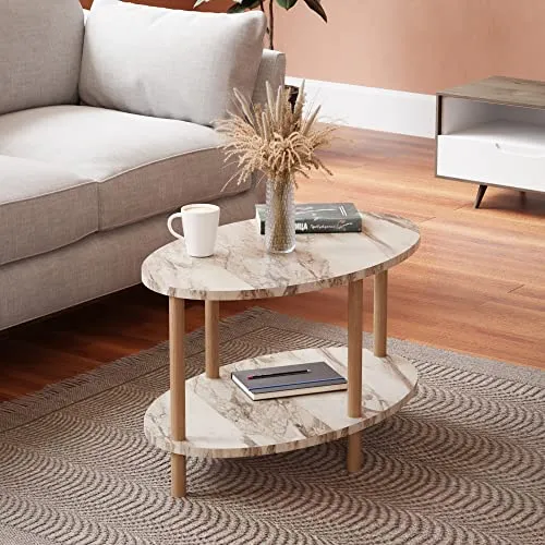 en.casa Couchtisch »Højreby« - Ovaler Wohnzimmertisch mit Marmor-Optik, idealer Stauraum durch untere Ablage, perfekte Ergänzung für Ihr Wohnzimmer.