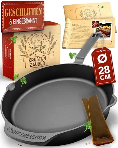 KRUSTENZAUBER Gusseisenpfanne 28cm - Pfanne für Induktion, ideal für saftige Steaks und knusprige Bratkartoffeln. Inklusive Rezeptbuch für ein traditionelles Kocherlebnis.