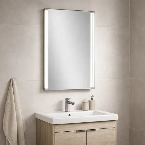 FACKELMANN Spiegel LED-LINE - Moderner Badezimmer Wandspiegel mit LED-Beleuchtung - Badezimmer Wandspiegel mit zwei LED-Reihen für eine helle und freundliche Atmosphäre. Anschlussfertig mit 1 Meter Kabel, ideal für Ihr modernes Bad.