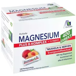 Magnesium 400+B-Komplex direkt Pfirsich-Maracuja - Nahrungsergänzungsmittel mit 400 mg Magnesium und B-Komplex, direkt als Granulat in leckerem Pfirsich-Maracuja-Geschmack – ideal für die schnelle Zufuhr von Mineralstoffen.