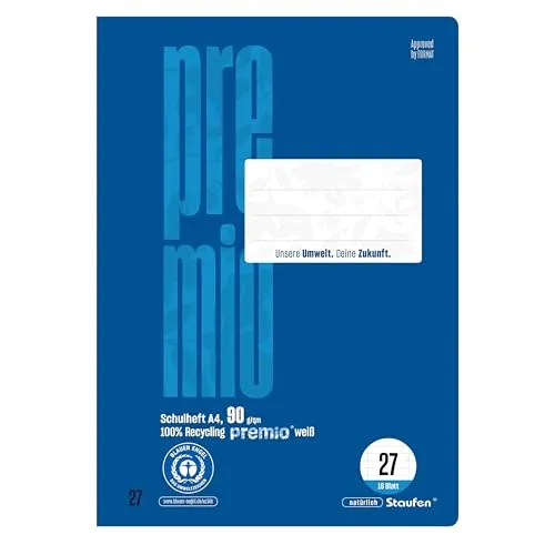 Staufen premio Schulheft - 4 Hefte je 16 Blatt, DIN A4, Lineatur 27 (9mm liniert mit Randlinien), 90 g/m² Recyclingpapier, runde Ecken verhindern „Eselsohren“