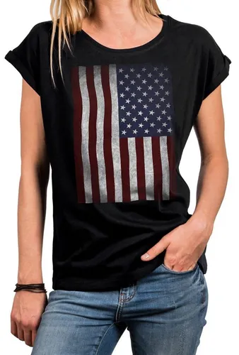MAKAYA Print-Shirt Damen USA Flagge Vintage Amerika Fahne Tunika Top Sommer Oberteile (Kurzarm, schwarz, grau, blau) große Größen