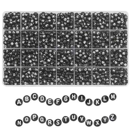 MiuCo 1850 Stück Schwarz Buchstabenperlen für Armbände, Rund Buchstabenperlen zum Auffädeln,Letter Beads A bis Z, Bastelset Perlenset für Armbänder Schmuck Basteln DIY Herstellung