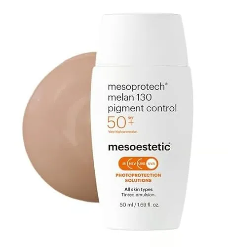 Mesoestetic Mesoprotech Melan 130 Pigment Control SPF50+ Sonnencreme - Sonnenschutzmittel für hyperpigmentierte Haut, bietet sehr hohen Lichtschutz mit SPF50+ und kombiniert physikalische, chemische und biologische Filter für optimalen Schutz.