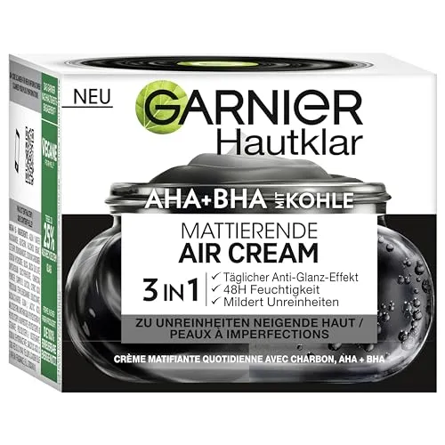 Garnier Mattierende Air Cream für zu Unreinheiten neigende Haut, 50 ml - Leichte, gelartige Gesichtscreme mit AHA und BHA zur Unterstützung der Pflege bei öliger Haut. Spendet bis zu 48 Stunden Feuchtigkeit und zieht schnell ein, ohne zu kleben. Ideal für ein mattiertes Hautbild.