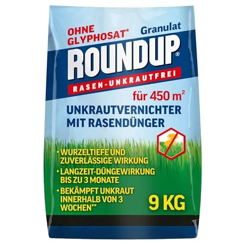 Roundup Rasen-Unkrautfrei Rasendünger 9 kg - 2in1 Unkrautvernichter und Dünger - Unkrautvernichter und Dünger für 450 m², mit 100 Tagen Langzeitwirkung für einen dichten, grünen Rasen ohne Verbrennungsgefahr. Profiqualität für alle Zierrasen und Spielrasen.