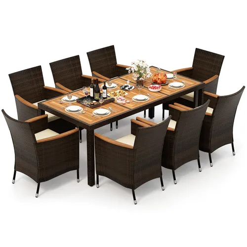 COSTWAY Polyrattan Sitzgruppe für 8 Personen – Gartenmöbel Set mit Tisch und Stühlen, Braun - Flexibles 9-teiliges Gartenmöbelset für bis zu 8 Personen. Mit robustem Metallrahmen, wasserdichten Kissen und leicht zu reinigender Oberfläche. Ideal für gemütliche Zusammenkünfte im Garten oder auf der Veranda.