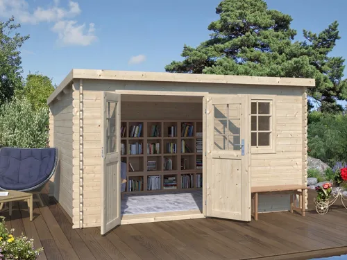 WOODTEX Gartenhaus Blockbohlenhaus Pultdach naturbelassen - Stylisches Blockbohlenhaus mit Pultdach, ideal für den Garten. Bietet viel Platz und ist aus hochwertigem Fichtenholz gefertigt. Perfekt für die Aufbewahrung von Gartengeräten.