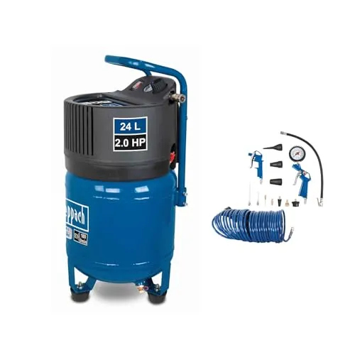 Scheppach Druckluft Kompressor HC24V - 24L Kessel, 1500W Leistung, 10bar Arbeitsdruck, inkl. 13 tlg. Zubehörset und 10m Schlauch, ölfrei und wartungsarm für vielseitige Anwendungen in Haus und Garage