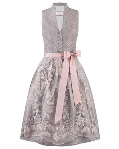 Stockerpoint Damen Madlenka Midi Dirndl, grau, 42 - Elegantes Freizeitkleid für Damen, hochgeschlossen mit einer romantischen Spitzenschürze – perfekt für festliche Anlässe und traditionelle Feiern.
