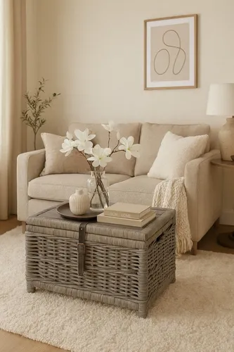 Couchtisch Guido - Stabiler Rattantisch mit Stauraum - Stylischer Couchtisch aus handgeflochtenem Kubu-Rattan in Naturgrau mit Massivholzplatte. Der aufklappbare Deckel bietet praktischen Stauraum und sorgt für Ordnung im Wohnbereich.