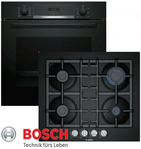 Bosch Gas Herdset Autark mit Elektro Backofen und Glaskeramik Kochfeld - Herdset mit 4 Herdplatten und 1 Ofen, ausgestattet mit LED-Display, 3D-Luftzirkulation und Kindersicherung für sicheres Kochen.