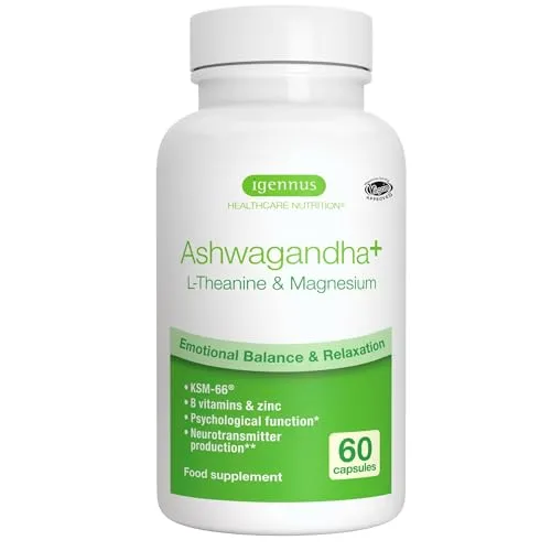 Igennus hochdosierter Ashwagandha Anti-Stress Komplex mit L-Theanin & Magnesium – 60 vegane Kapseln - Hochwertiger Nährstoffkomplex mit 600 mg Ashwagandha pro Tagesdosis und bioverfügbarem Magnesium zur Unterstützung der Entspannung. Ideal für eine ganzheitliche Stressbewältigung, vegan und frei von unnötigen Zusätzen.