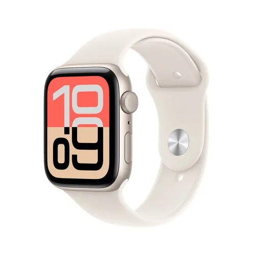 Apple Watch SE (2025) 44 mm Polarstern Sportarmband M/L – Aktivitätsmonitor - Smartwatch zur Aufzeichnung deiner Aktivitäten, Herzfrequenz und Schlaf. Mit Always-on-Display und wasserresistentem Silikonarmband für sportliche Einsätze.