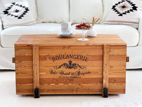 Uncle Joe's Truhe Boulangerie Couchtisch - Vintage Shabby Chic Wohnzimmertisch aus Massivholz mit Stauraum und abnehmbarem Deckel, ideal als Schatztruhe oder Dekokiste im Landhausstil.
